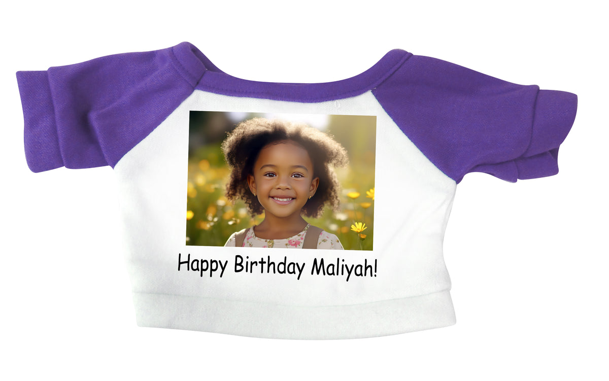 Example of teddy bear t-shirt with photo and one line of text