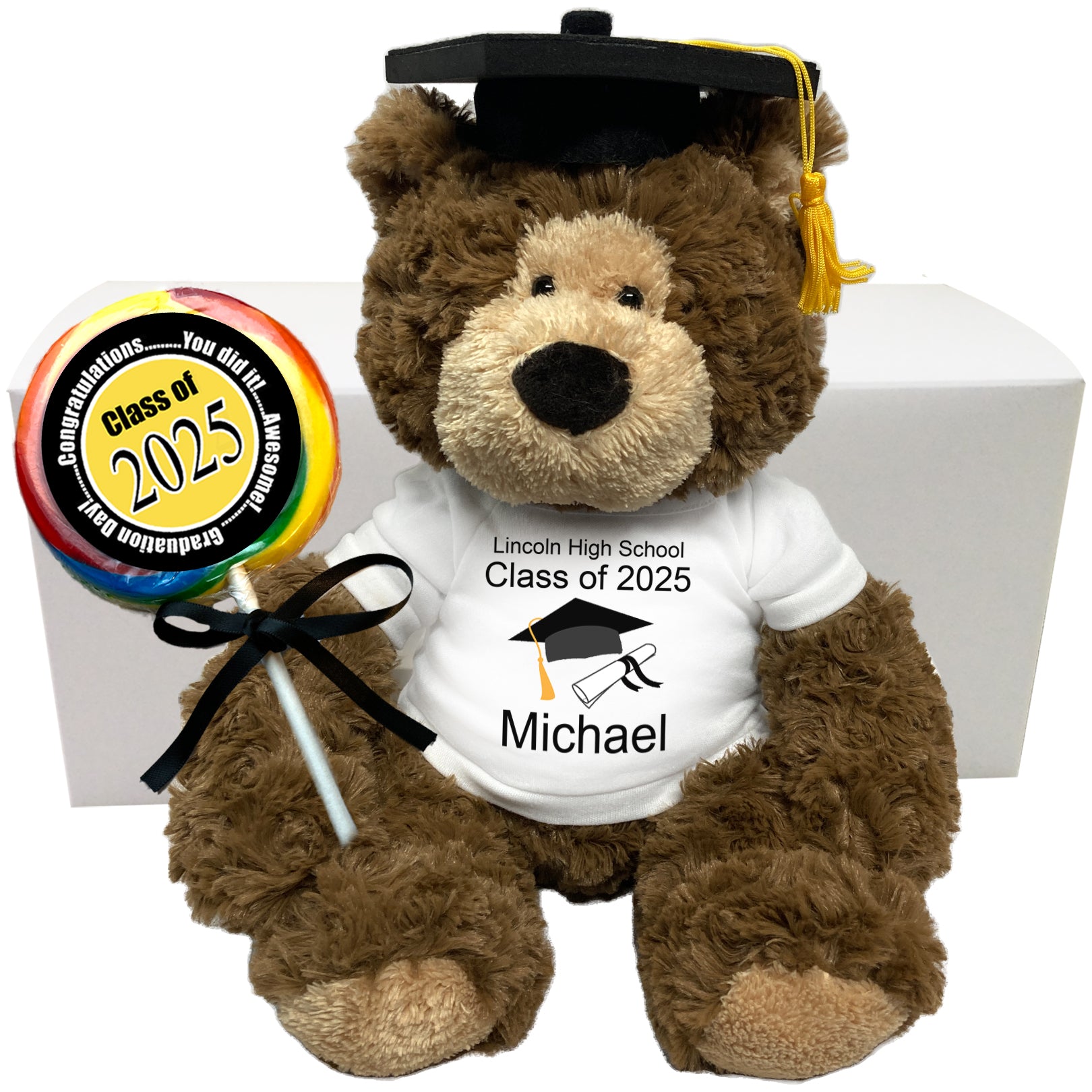 Personalized Graduation Teddy Bear 2025 - 8 Inch White Bear With Cap, Gown & Diploma - Custom Text Gift For Grads