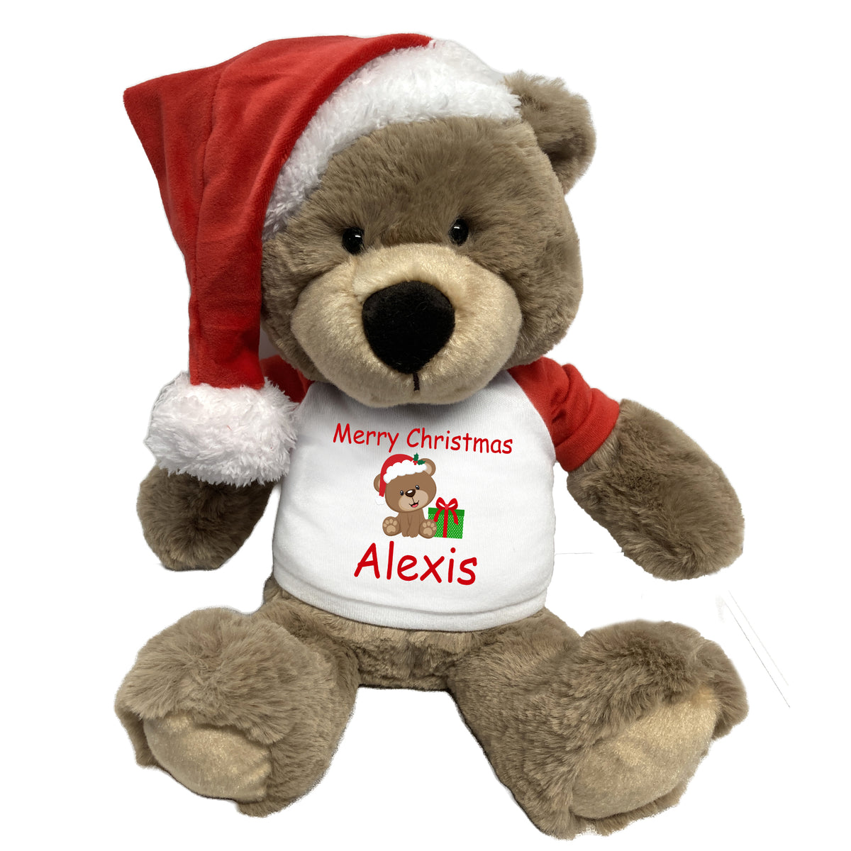 Personalized Christmas Teddy Bear - 14" Taupe Bear with Santa Hat - christmas bear design