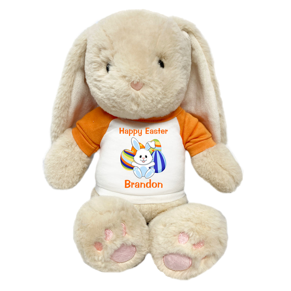 Personalized Easter Bunny - 14" Plush Creme Brulee Bunny Rabbit with Easter Egg Design - Orange Shirt