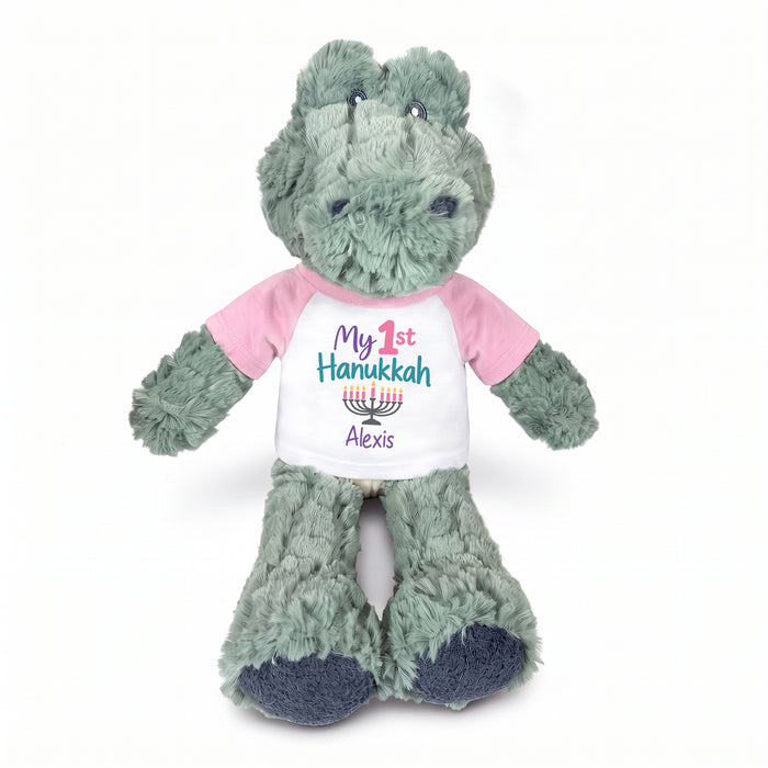 Personalized Hanukkah Stuffed Crocodile / Alligator - 12 Inch Plush Alli Gator - My 1st Hanukkah, Pink Shirt / Pastel Design