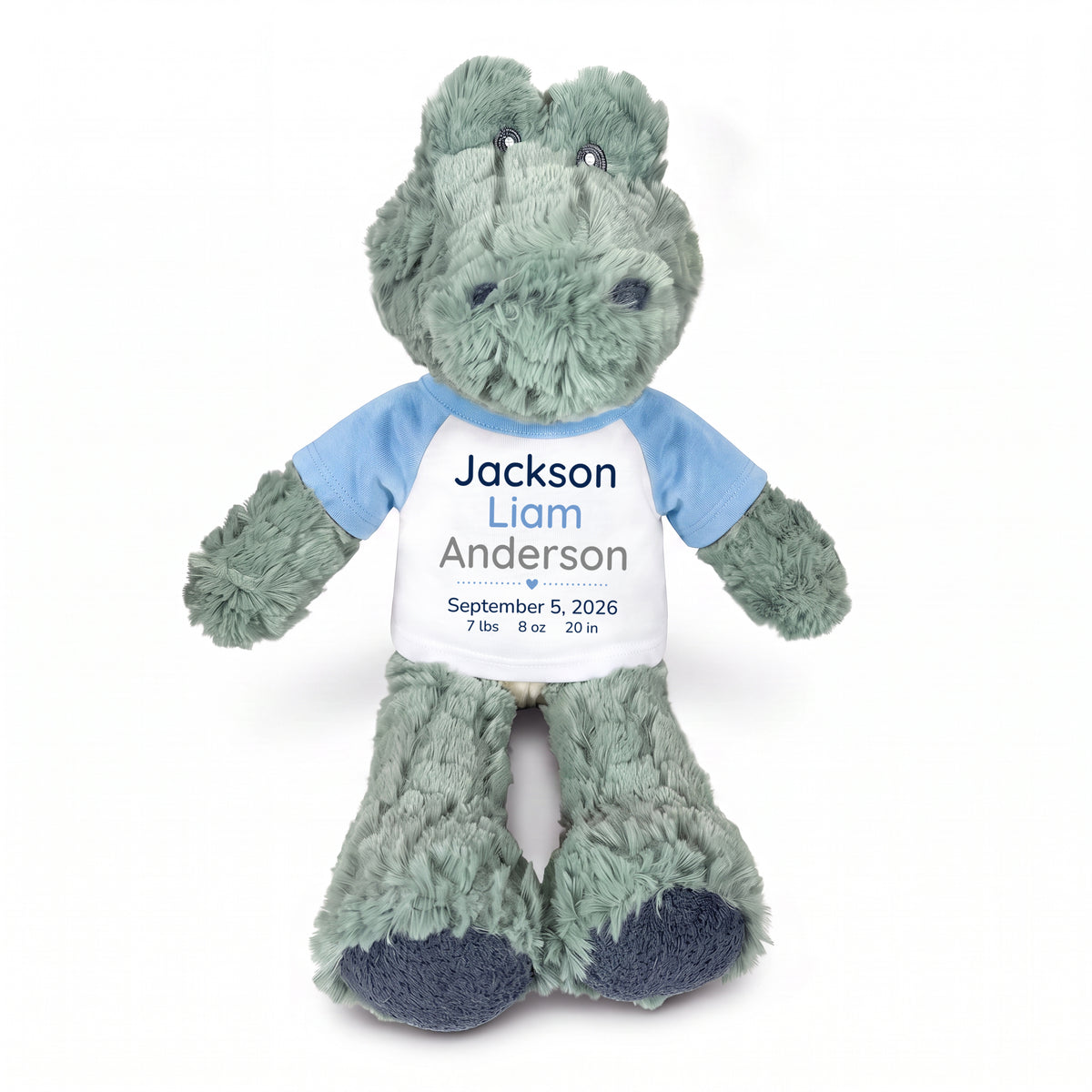 Personalized Stuffed Alligator for Baby Boy or Girl - 12" Ebba Plush Alli Gator - Light Blue Shirt with Blue & Grey Design