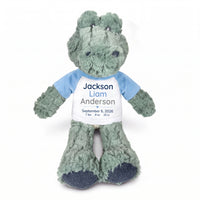 Personalized Stuffed Alligator for Baby Boy or Girl - 12" Ebba Plush Alli Gator - Light Blue Shirt with Blue & Grey Design
