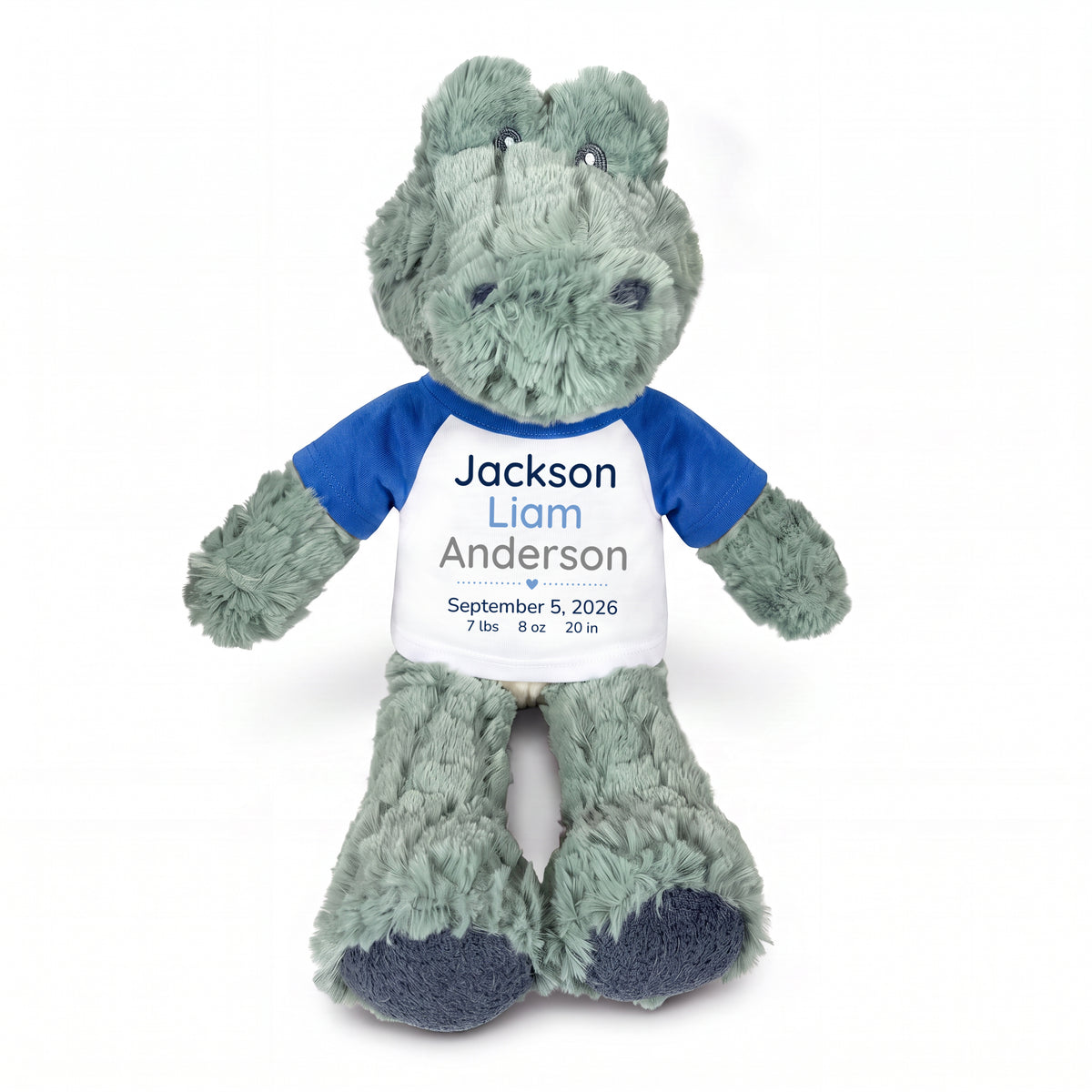 Personalized Stuffed Alligator for Baby Boy or Girl - 12" Ebba Plush Alli Gator - Royal Blue Shirt with Royal Blue Design