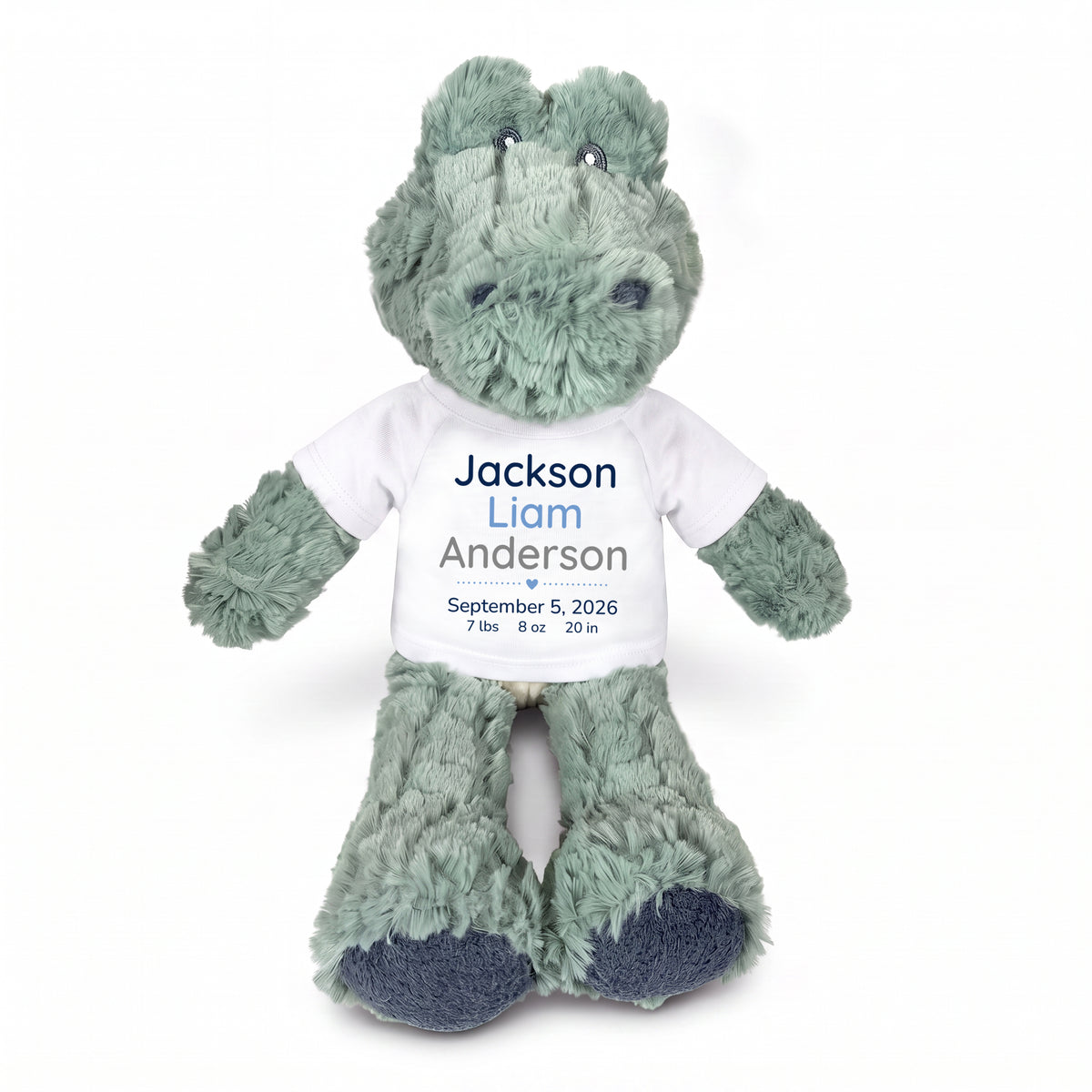 Personalized Stuffed Alligator for Baby Boy or Girl - 12" Ebba Plush Alli Gator - White Shirt with Blue & Grey Design