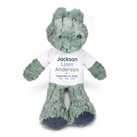 Personalized Stuffed Alligator for Baby Boy or Girl - 12" Ebba Plush Alli Gator - White Shirt with Blue & Grey Design