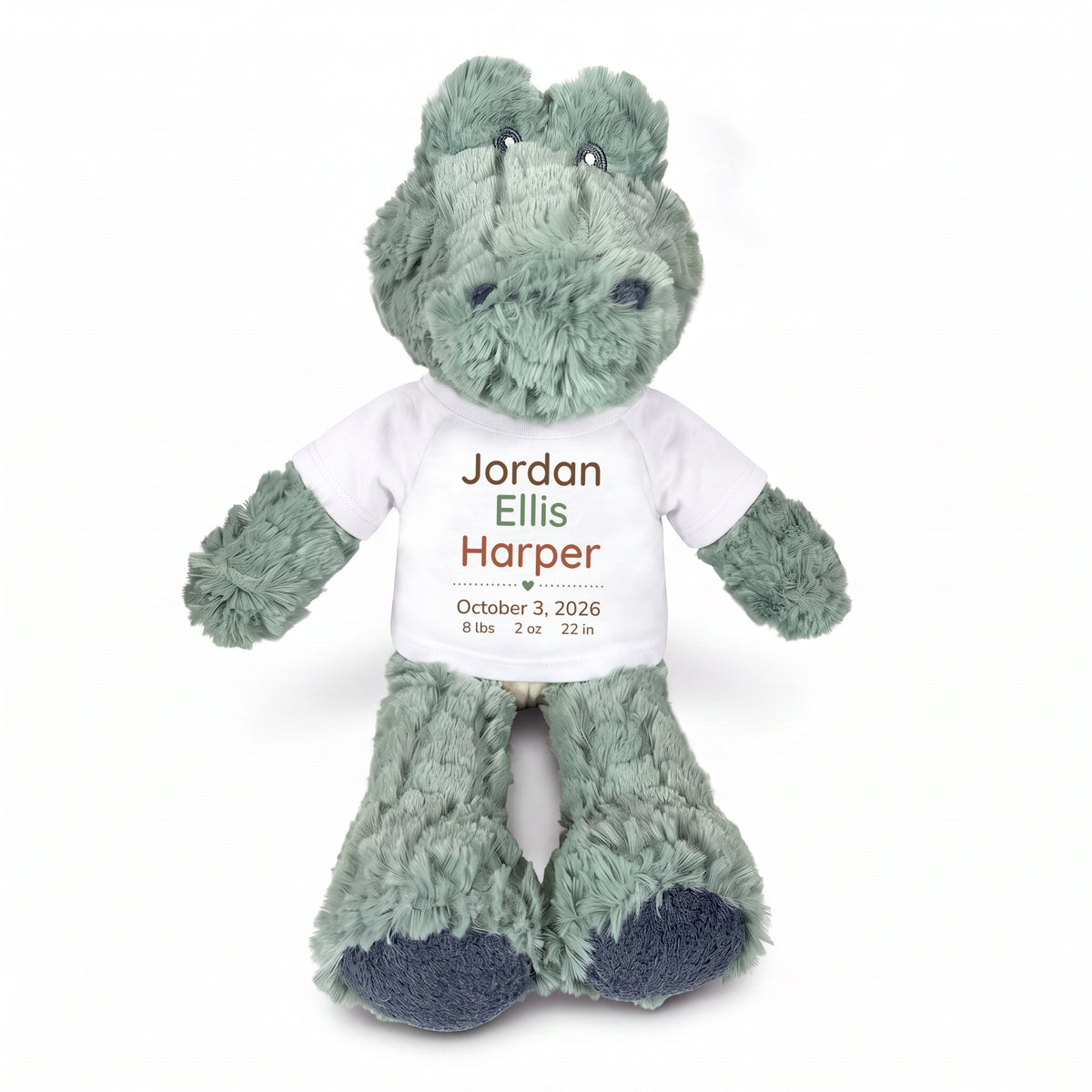 Personalized Stuffed Alligator for Baby Boy or Girl - 12" Ebba Plush Alli Gator - White Shirt with Brown and Green Design