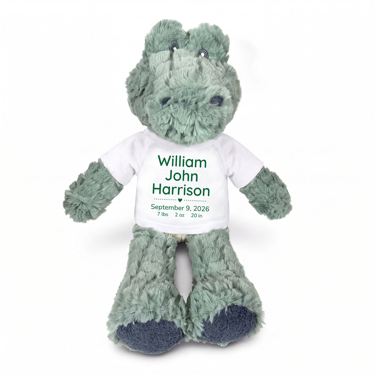 Personalized Stuffed Alligator for Baby Boy or Girl - 12" Ebba Plush Alli Gator - White Shirt with Green Design