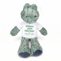 Personalized Stuffed Alligator for Baby Boy or Girl - 12" Ebba Plush Alli Gator - White Shirt with Green Design