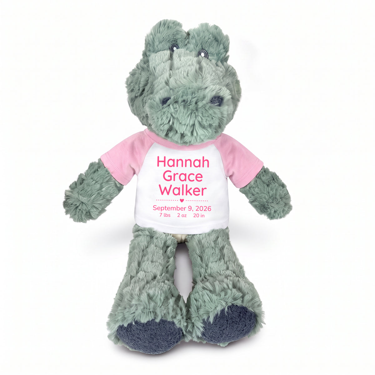 Personalized Stuffed Alligator for Baby Boy or Girl - 12" Ebba Plush Alli Gator - Pink Shirt with Pink Design