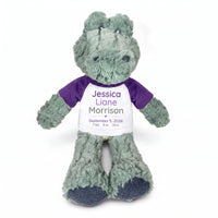 Personalized Stuffed Alligator for Baby Boy or Girl - 12" Ebba Plush Alli Gator - Purple Shirt with Purple Design