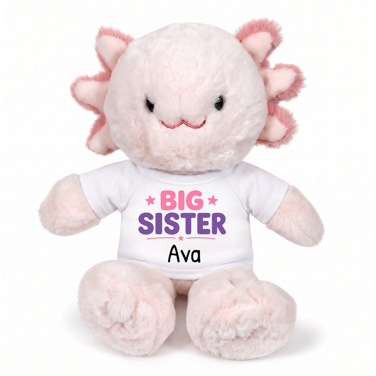 Personalized Big Sister Stuffed Axolotyl - 12 Inch Plush Axolytl - White Shirt with Pink and Purple Design