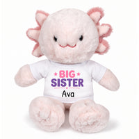 Personalized Big Sister Stuffed Axolotyl - 12 Inch Plush Axolytl - White Shirt with Pink and Purple Design