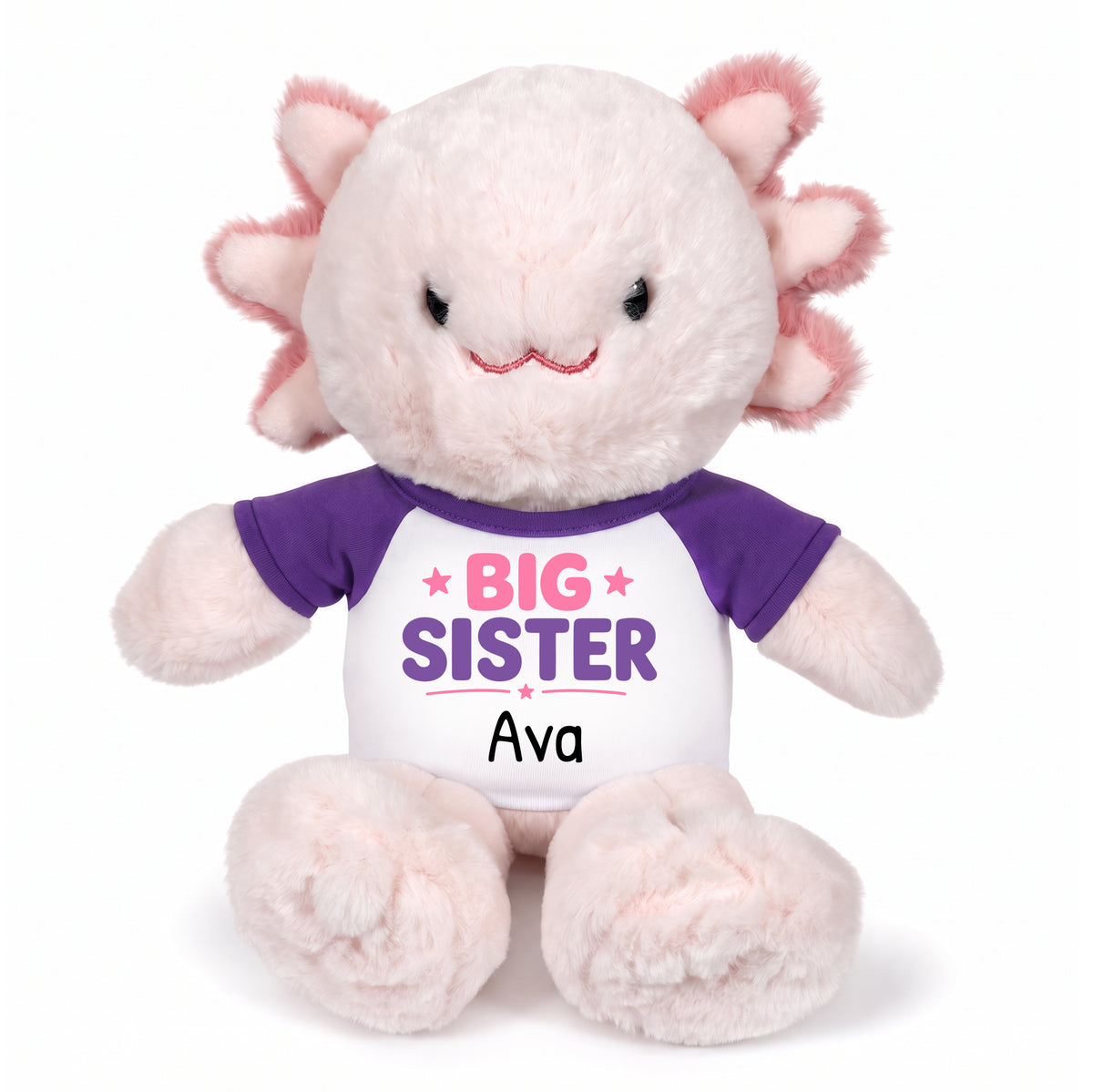 Personalized Big Sister Stuffed Axolotyl - 12 Inch Plush Axolytl  - Purple Shirt with Pink and Purple Design