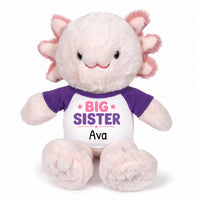 Personalized Big Sister Stuffed Axolotyl - 12 Inch Plush Axolytl  - Purple Shirt with Pink and Purple Design