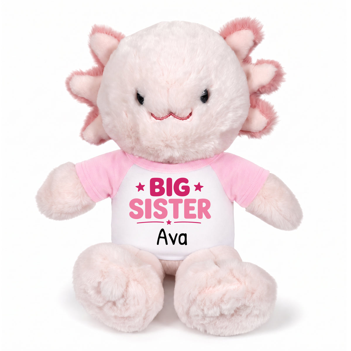 Personalized Big Sister Stuffed Axolotyl - 12 Inch Plush Axolytl - Pink Shirt with Pink Design