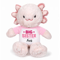 Personalized Big Sister Stuffed Axolotyl - 12 Inch Plush Axolytl - Pink Shirt with Pink Design