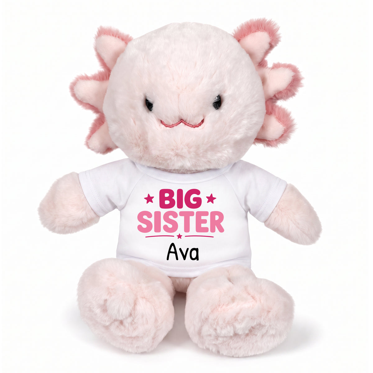 Personalized Big Sister Stuffed Axolotyl - 12 Inch Plush Axolytl - White Shirt with Pink Design