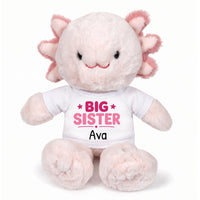 Personalized Big Sister Stuffed Axolotyl - 12 Inch Plush Axolytl - White Shirt with Pink Design