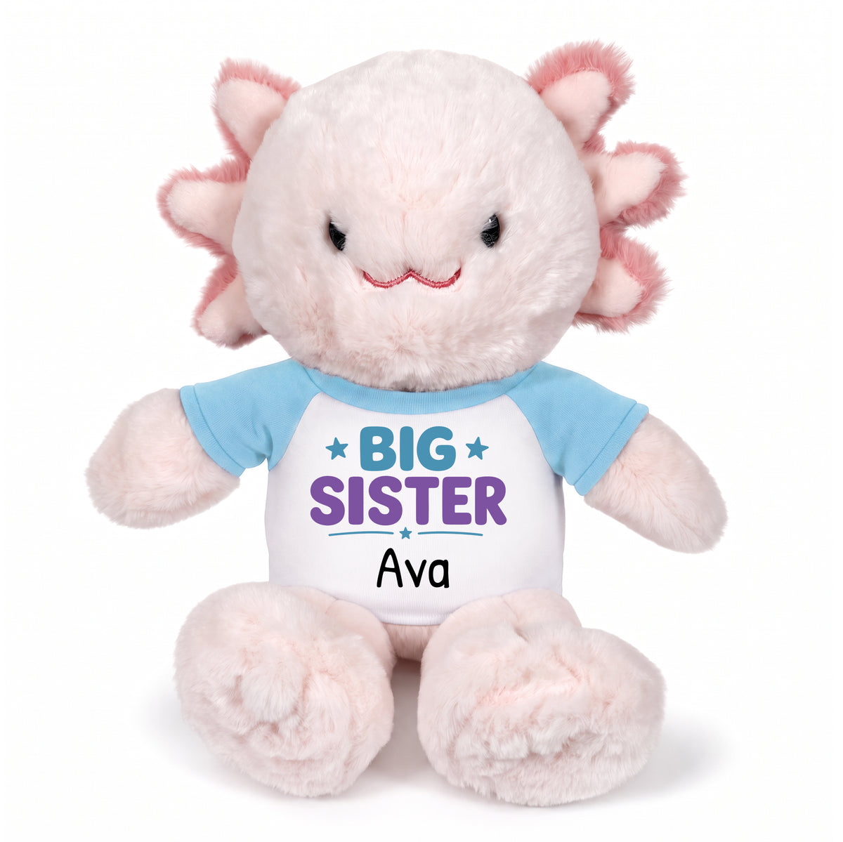 Personalized Big Sister Stuffed Axolotyl - 12 Inch Plush Axolytl - Light Blue Shirt with Teal and Purple Design