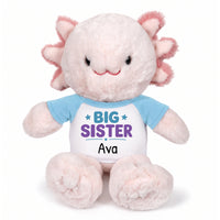 Personalized Big Sister Stuffed Axolotyl - 12 Inch Plush Axolytl - Light Blue Shirt with Teal and Purple Design