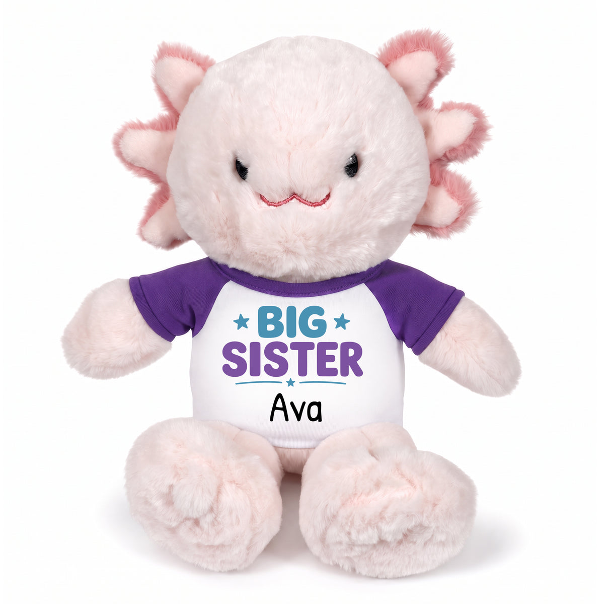 Personalized Big Sister Stuffed Axolotyl - 12 Inch Plush Axolytl - Purple Shirt with Teal and Purple Design