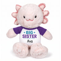 Personalized Big Sister Stuffed Axolotyl - 12 Inch Plush Axolytl - Purple Shirt with Teal and Purple Design