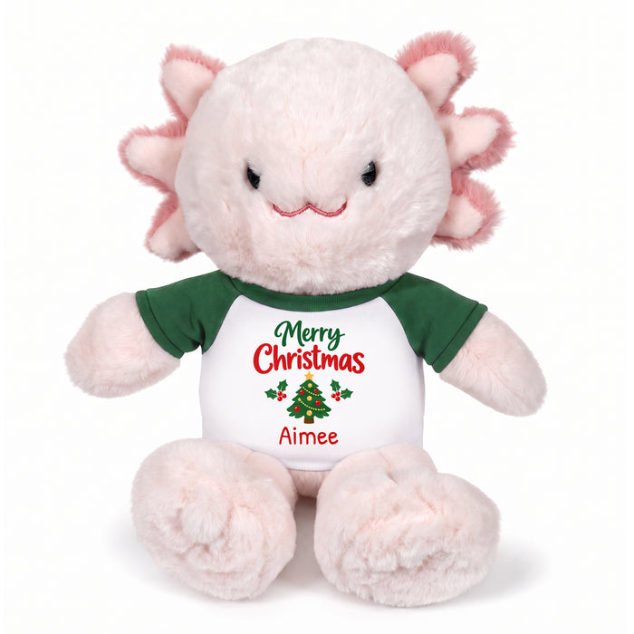 Personalized Christmas Stuffed Axolotyl - 12 Inch Plush Axolytl - Green, Merry Christmas Tree