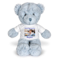 Personalized Teddy Bear - 12 inch Blue Baby Bear - Print on Front Only, White