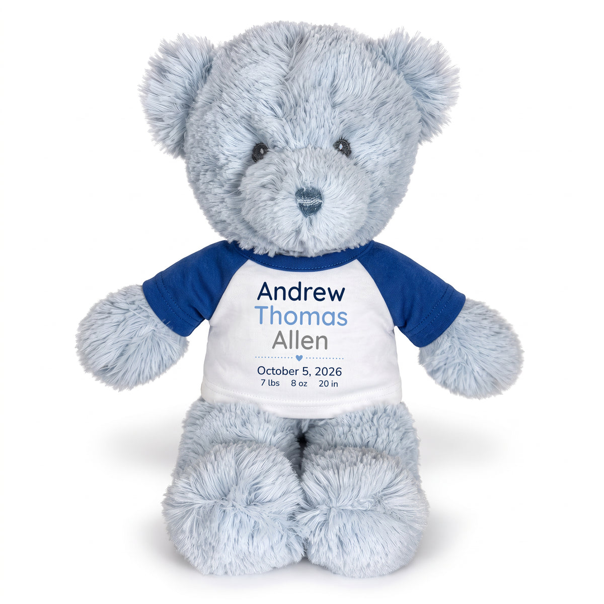 Personalized Teddy Bear for Baby Boy- 12" Blue Baby Bear - Royal Blue Shirt w/Blue & Grey Design, 