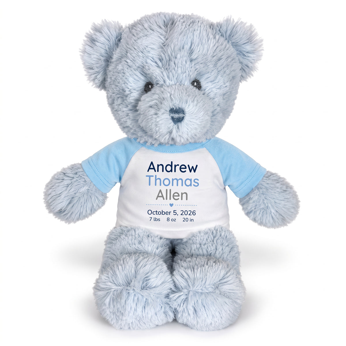 Personalized Teddy Bear for Baby Boy- 12" Blue Baby Bear - Lt Blue Shirt w/Blue & Grey Design, 