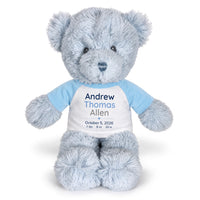 Personalized Teddy Bear for Baby Boy- 12" Blue Baby Bear - Lt Blue Shirt w/Blue & Grey Design, 