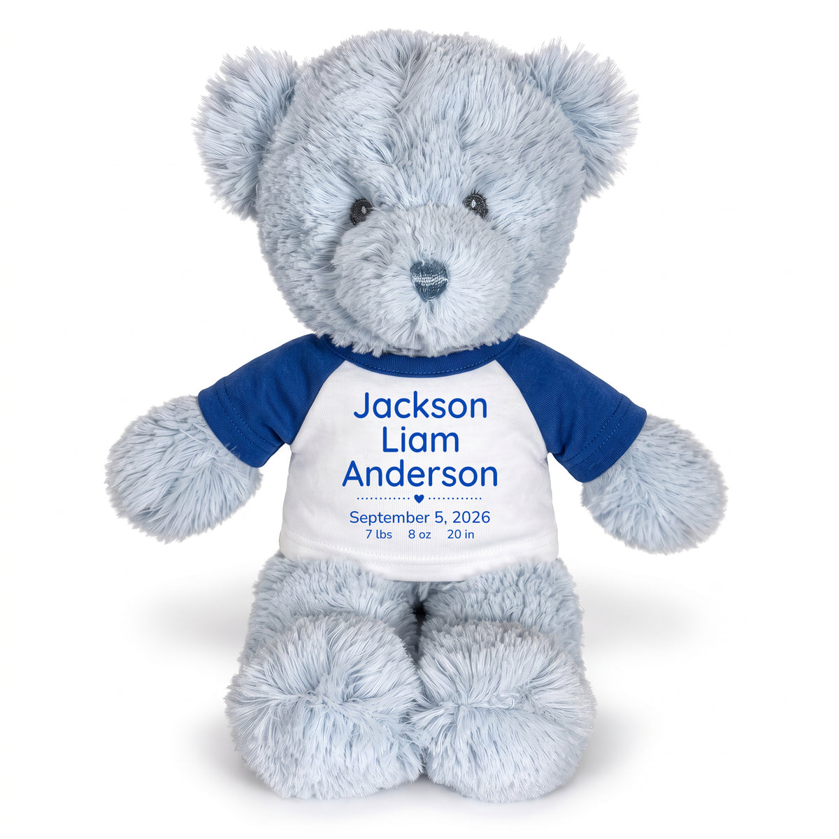 Personalized Teddy Bear for Baby Boy- 12" Blue Baby Bear - Royal Blue Shirt w/Blue Design, 