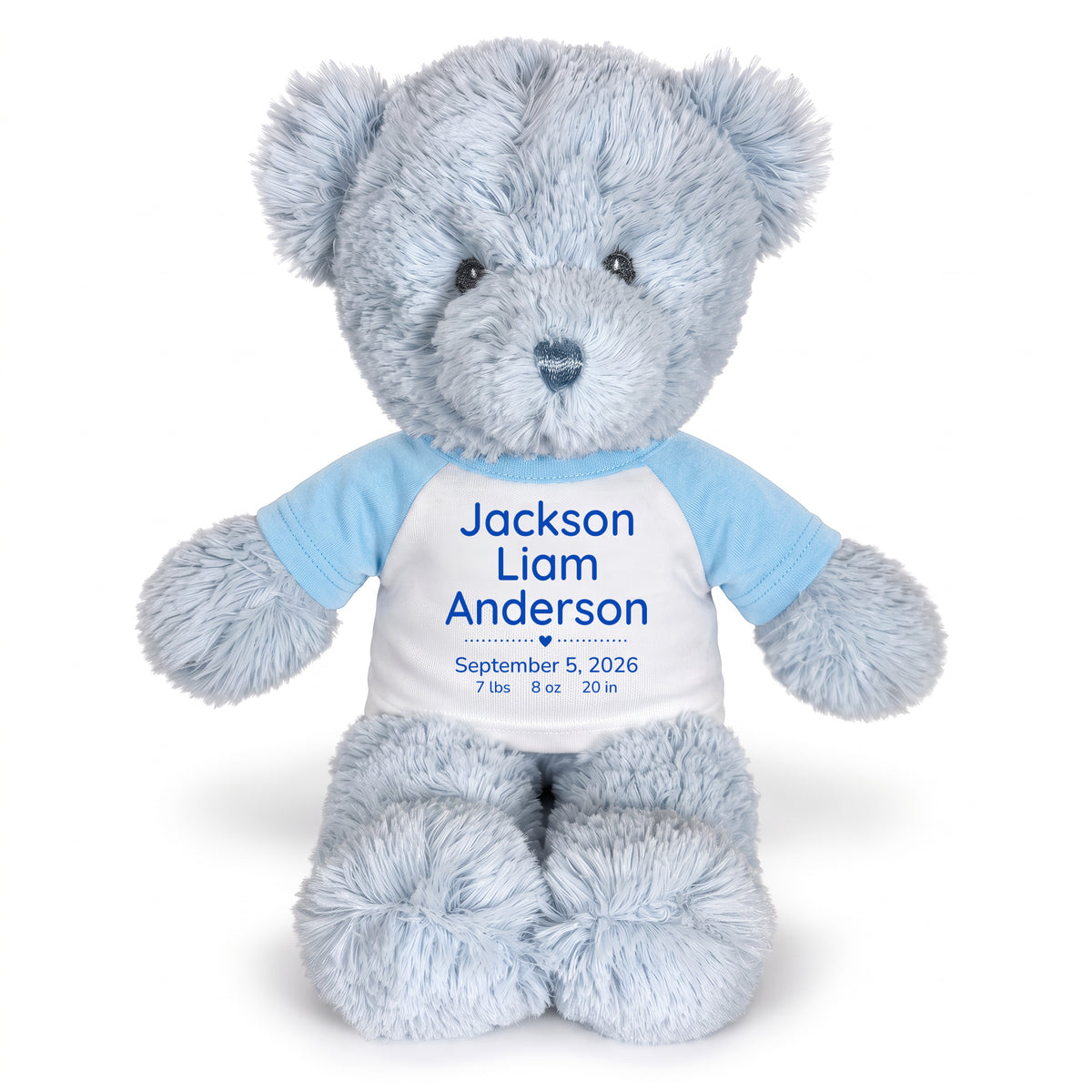Personalized Teddy Bear for Baby Boy- 12" Blue Baby Bear - Lt Blue Shirt w/Blue Design, 