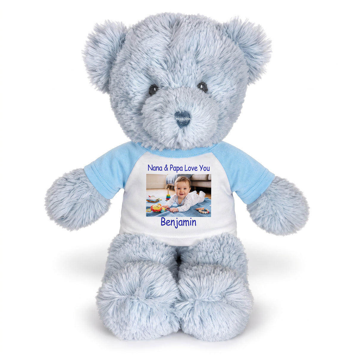 Personalized Teddy Bear - 12 inch Blue Baby Bear - Print on Front Only, Light Blue