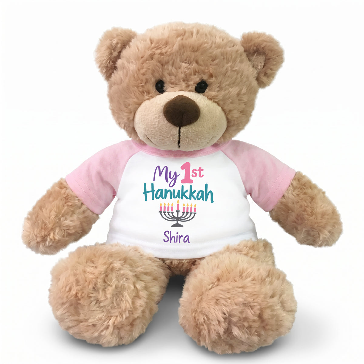 Personalized Hanukkah Teddy Bear - 13 Inch Bonny Bear - My First Hanukkah Design  - Pink Shirt with Pastel Design