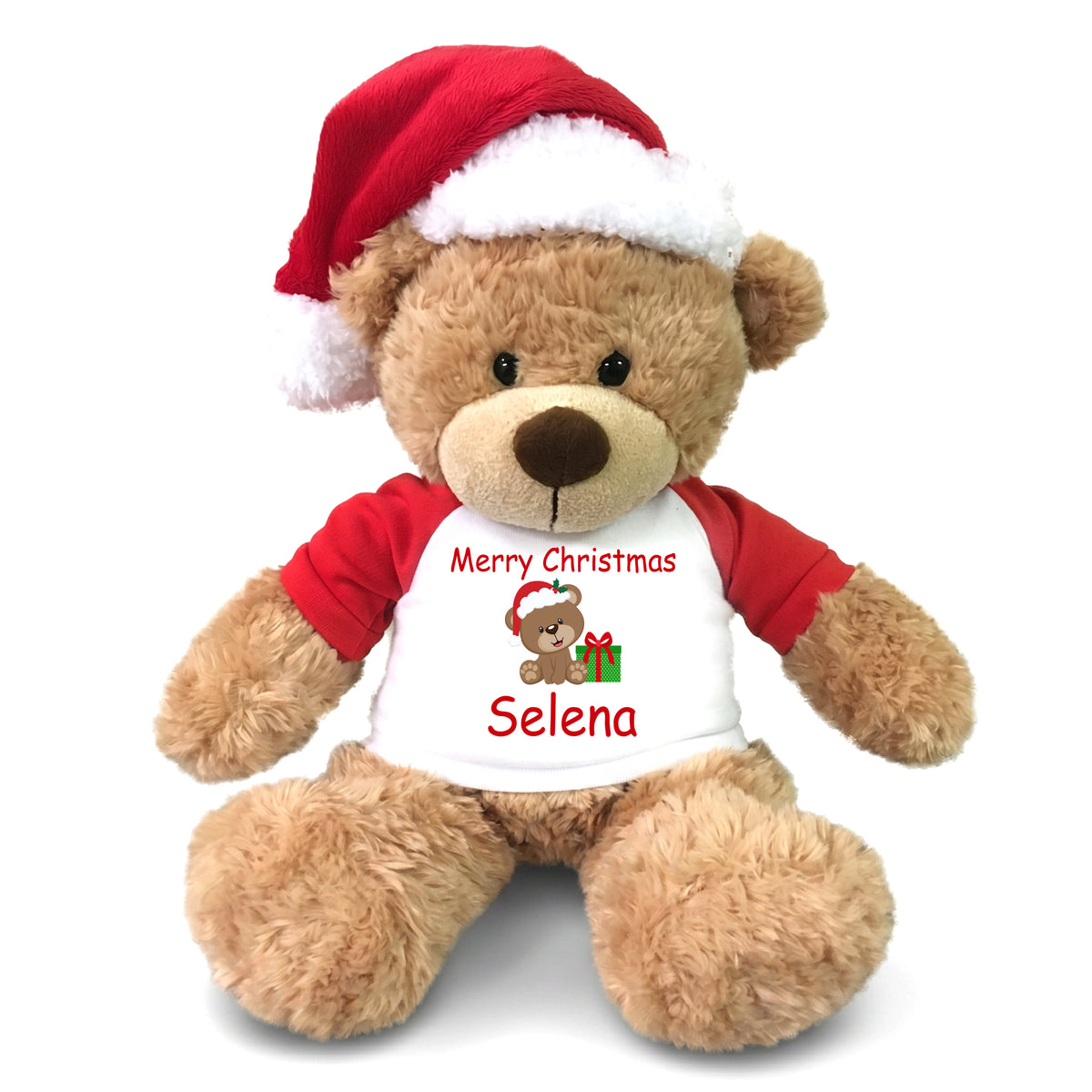 Personalized Christmas Teddy Bear - 13" Tan Bonny Bear with Optional Santa Hat - Bear Design