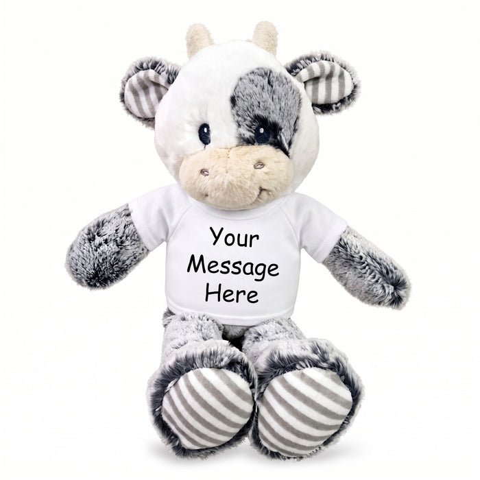 Personalized Stuffed Cow - 12" Coby Cow, Ebba Baby Plush Collection - White Shirt