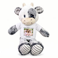 Personalized Stuffed Cow - 12 inch Coby Cow with Photo and/or Text - White Shirt