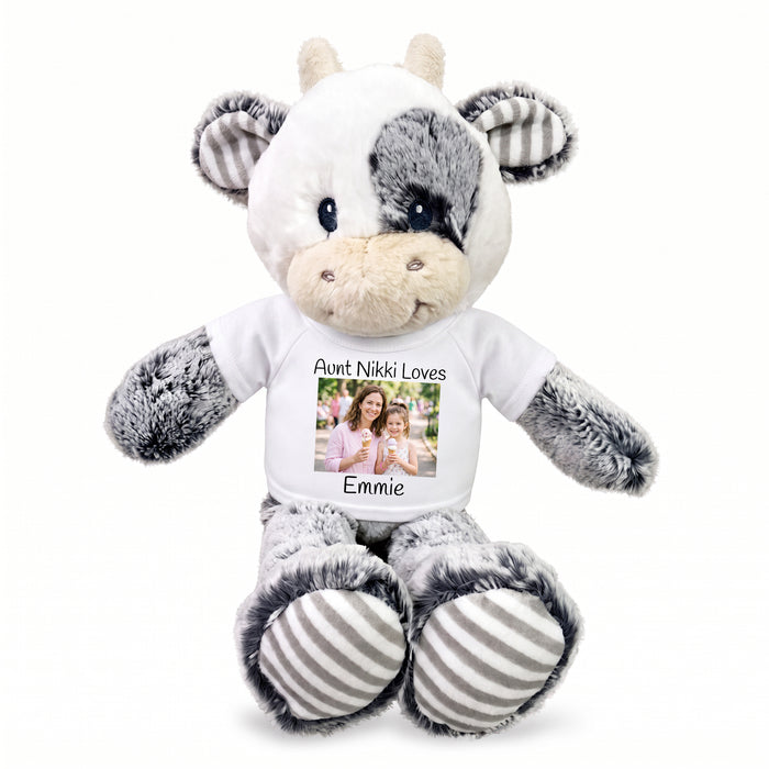 Personalized Stuffed Cow - 12 inch Coby Cow with Photo and/or Text - White Shirt