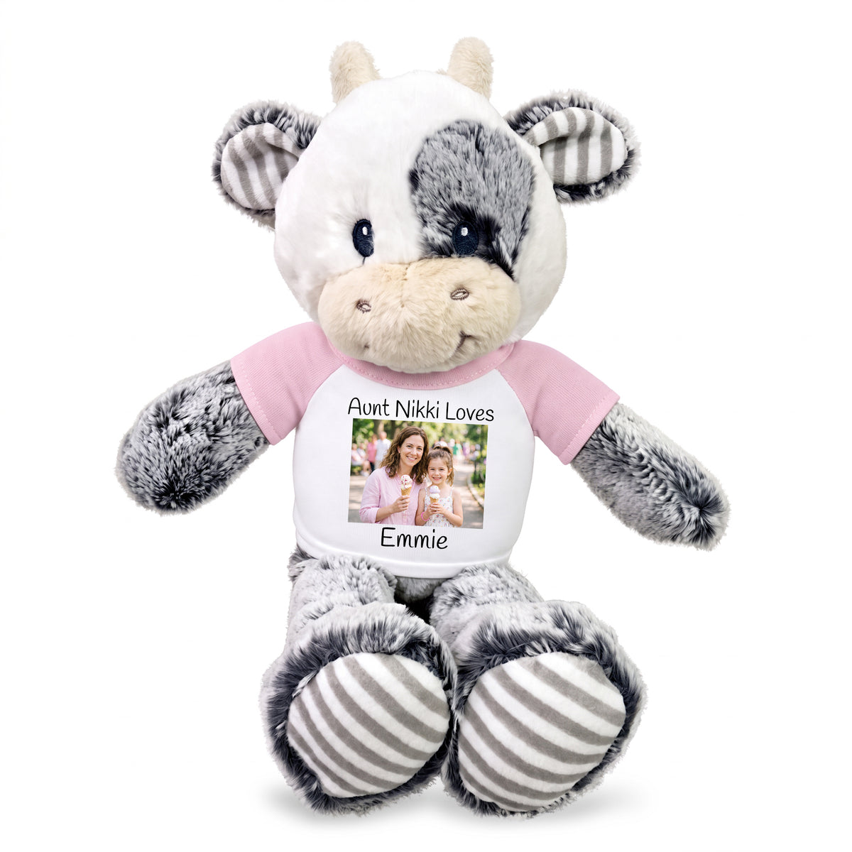 Personalized Stuffed Cow - 12 inch Coby Cow with Photo and/or Text - Pink Shirt