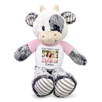 Personalized Stuffed Cow - 12 inch Coby Cow with Photo and/or Text - Pink Shirt