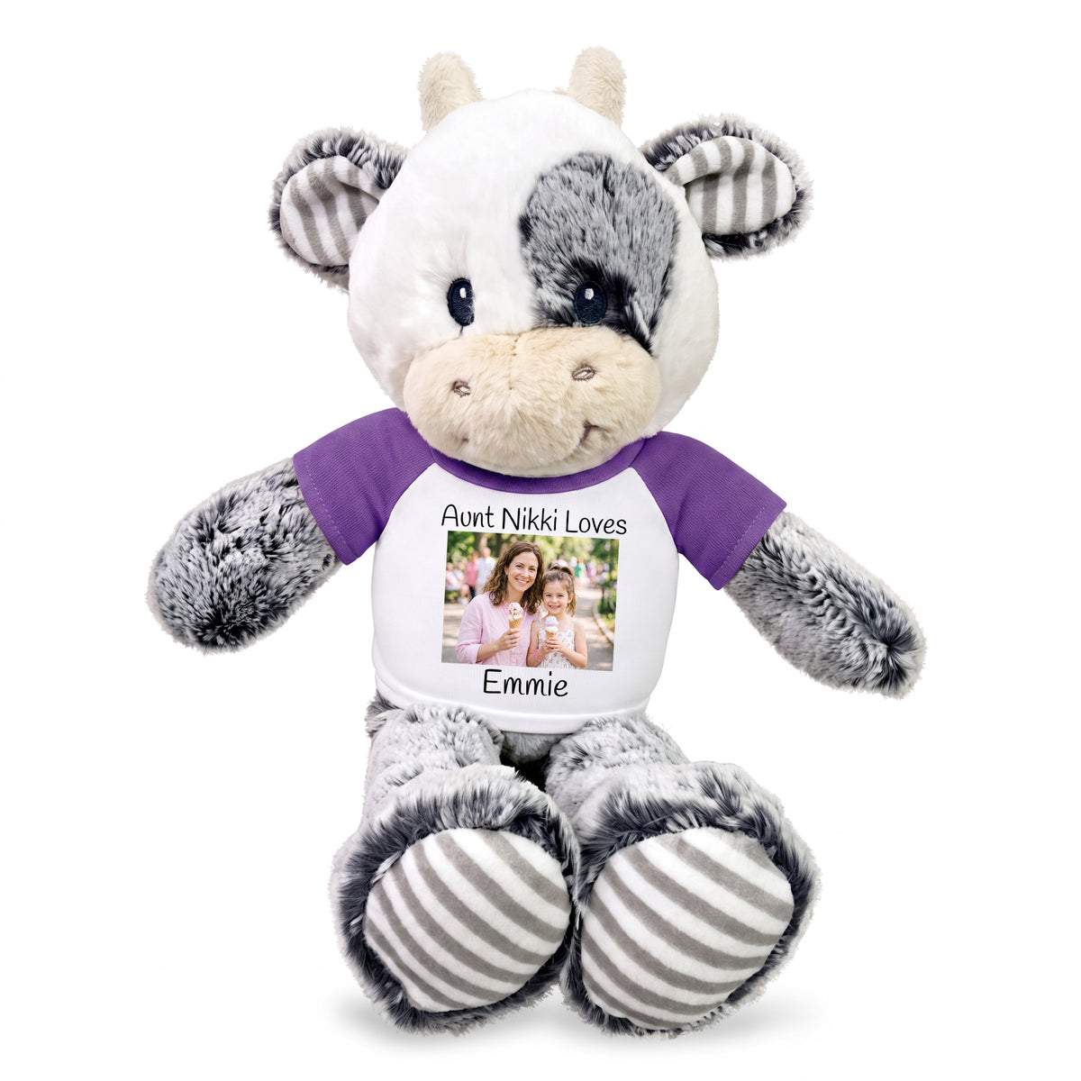 Personalized Stuffed Cow - 12 inch Coby Cow with Photo and/or Text - Purple Shirt