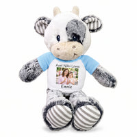 Personalized Stuffed Cow - 12 inch Coby Cow with Photo and/or Text - Light Blue Shirt