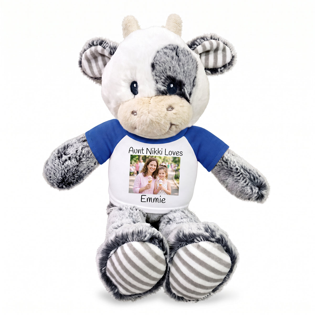 Personalized Stuffed Cow - 12 inch Coby Cow with Photo and/or Text - Royal Blue Shirt