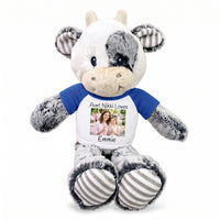 Personalized Stuffed Cow - 12 inch Coby Cow with Photo and/or Text - Royal Blue Shirt