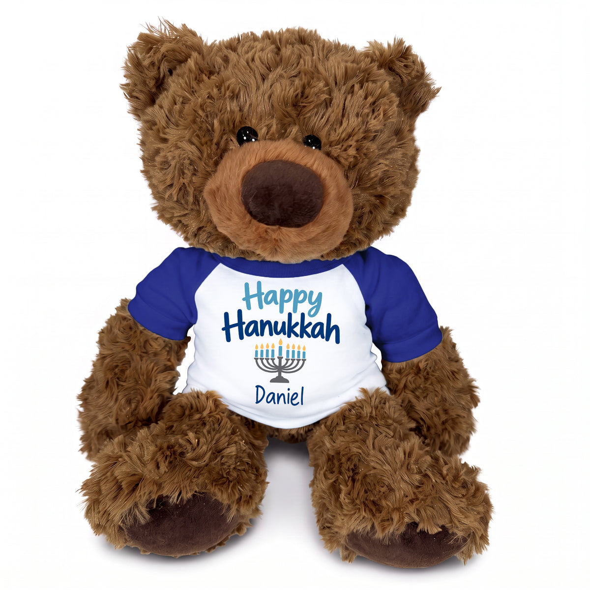 Personalized Hanukkah Teddy Bear - 13 Inch Coco Bear - Happy Hanukkah Design - Royal Blue Shirt with Blue Design