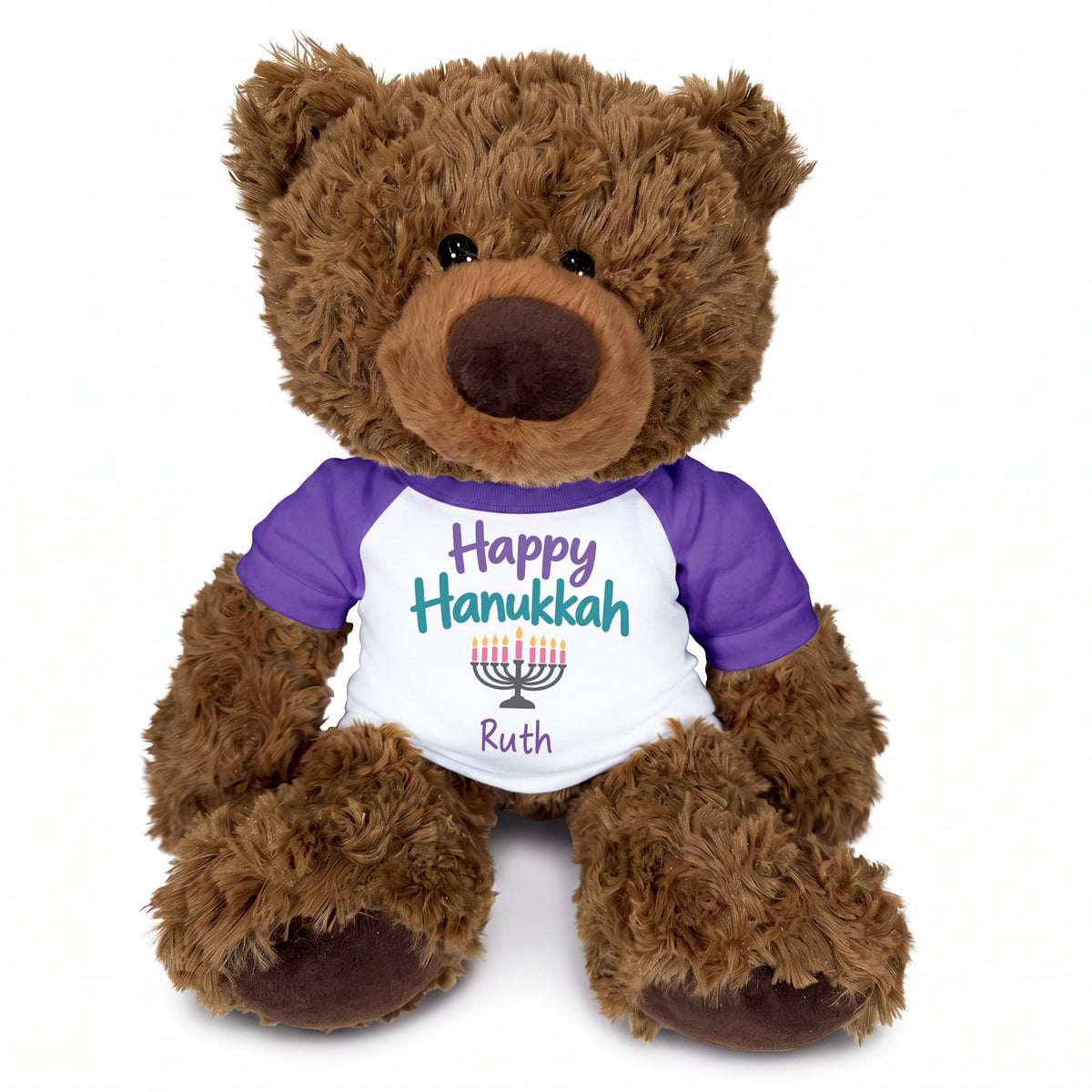 Personalized Hanukkah Teddy Bear - 13 Inch Coco Bear - Happy Hanukkah Design - purple shirt with pastel design