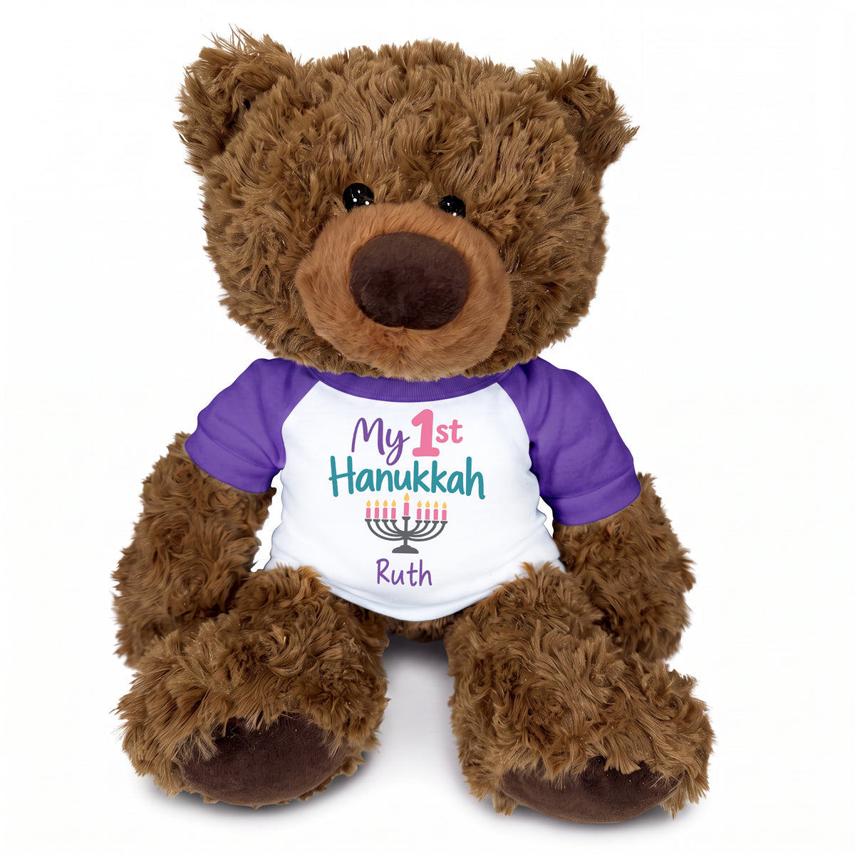 Personalized Hanukkah Teddy Bear - 13 Inch Coco Bear - My First Hanukkah Design - Purple shirt with pastel design