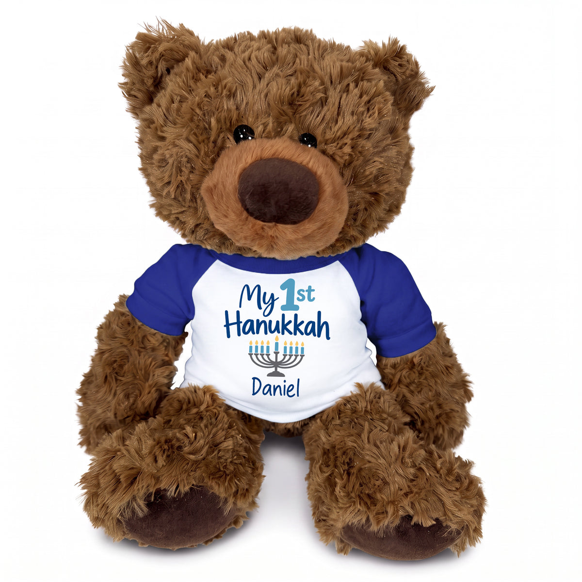 Personalized Hanukkah Teddy Bear - 13 Inch Coco Bear - My First Hanukkah Design - royal blue shirt with blue design